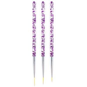 Set of 3 acrylic nail art liner brushes with purple glitter handles and fine nylon bristles