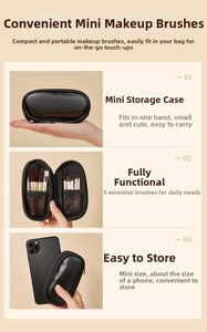Portable 9-piece mini makeup brush set with black oval zipper case next to a smartphone