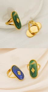 Detail view of oval natural stone set in adjustable gold stainless steel ring