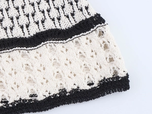 Close-up of intricate black and white knit texture with elegant crochet hollow pattern