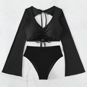 Two-piece black high-waisted swimsuit with long flare sleeves and drawstring detailing