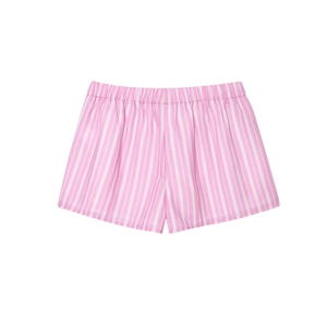 Detail of pink and white vertical striped cotton shorts with elastic waistband design