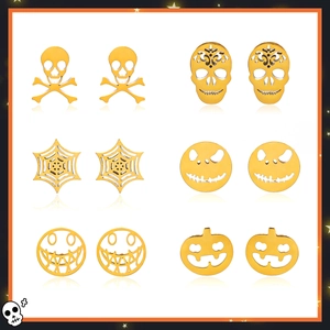 Lot de 6 paires de puces d'oreilles Halloween en acier doré avec citrouille et crâne