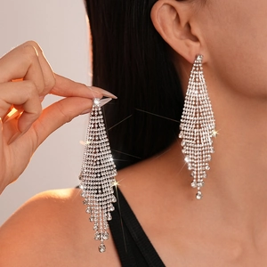 Rhinestone Tassel Drop Earrings With 925 Sterling Silver Earring Post Copper Luxury Long Dangle Jewelry For Women Party