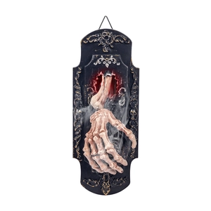 Halloween skeleton hand doorbell with smoke effect and vintage golden skull frame