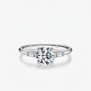 925 Sterling Silver Ring For Women Featuring Round Moissanite And Baguette Cubic Zirconia Three-Stone Elegant Jewelry
