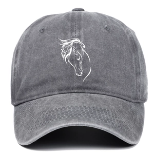 Front view of dark grey washed cotton baseball cap with white horse head embroidery