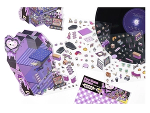 Macro shot of 2.5D Gothic vampire style decorative stickers with coffin and skull motifs