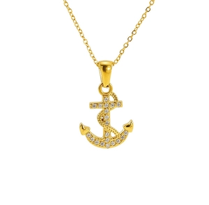 Detailed close-up of a gold anchor pendant necklace with shimmering zircon stones