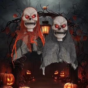 Spooky Halloween Hanging Ghost Skull Decoration Plastic Gauze Fabric Glowing Red LED Eyes Prop For Outdoor Yard Indoor