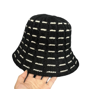 Mixed color knitted wool bucket hat for women in black with white stripe texture