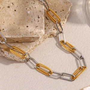 Detail view of 18K gold-plated twisted rope and silver paperclip chain links