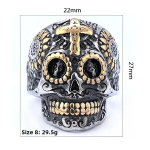 Macro shot of vintage skull ring with gold cross and sun detail, 27mm height and 29.5g weight