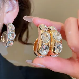 Rhinestone C-Förmige Creolen Mit 925 Sterling Silber Ohrstecker Kupfer Poliert High End Nische Schmuck Damen