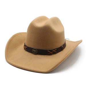 Ethnic style felt cowboy hat in camel with decorative vintage studded leather band