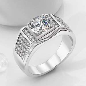 Luxurious men's silver ring with large round solitaire zircon and diamond-encrusted band