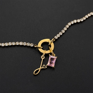 14K gold plated titanium steel necklace with DIY letter J and pink crystal pendant