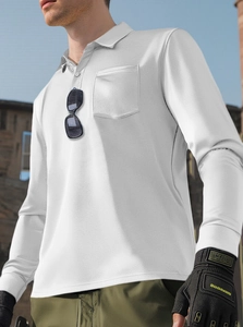 Close-up of a white men's long-sleeve polo shirt featuring a breathable mesh knit texture