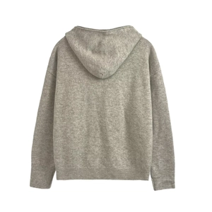 Back view of light grey knit hoodie with soft texture and minimalist zip-up design
