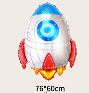 Detail of rocket foil balloon for space party decor measuring 76x60cm in bright colors