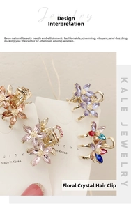 Detailed view of floral crystal hair clips in lavender, pink, and champagne gold colors