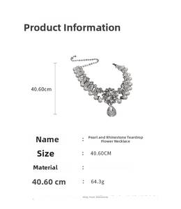 Detail showing pearl rhinestone teardrop necklace dimensions and technical specifications