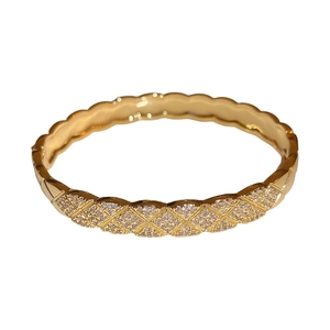 Minimalist French style gold lattice cuff bracelet with micro-paved white zircons for women