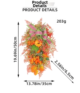Detail view of autumn wreath dimensions featuring pumpkins, maple leaves and a red bow