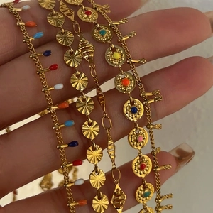 Set of 18k gold plated stainless steel waist chains with colorful enamel charms and tassels