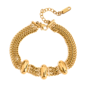 Elegant layered gold stainless steel bracelet featuring three polished oval metal beads