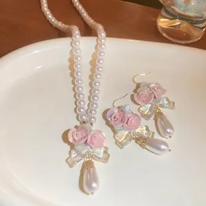 Pink ceramic rose flower and pearl jewelry set with necklace and drop earrings