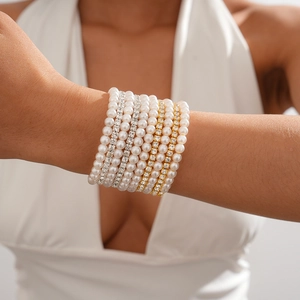 Retro Multi-layer Bangle Bracelet With Imitation Artificial Pearls And Rhinestones Elegant Luxury Style Jewelry For Women