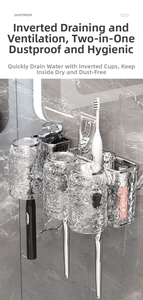 Detail of wall-mounted bathroom rack with three ripple-textured glass cups for toothbrushes