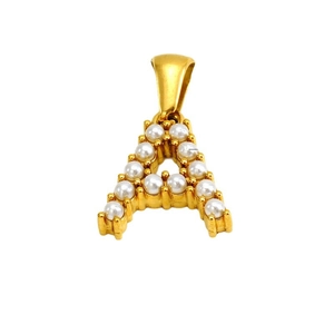 Elegant gold titanium steel pendant shaped like letter A with white pearls on white background