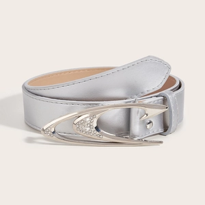 Silver metallic PU leather belt with vintage rhinestone buckle in a rolled-up view