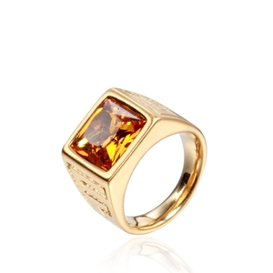 Men's vintage golden stainless steel ring with a square orange gemstone and side engravings