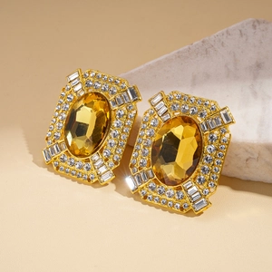Boucles d'oreilles style vintage avec citrine ovale et halo de cristaux géométriques