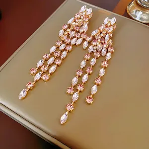 Long Tassel Dangle Earrings Luxury Pink Clear Rhinestone Crystal Jewelry With Silver Earring Post For Women Fashion Party