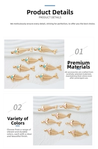 Detailed macro view of colorful cartoon fish bone pendants with gold plating and enamel finish