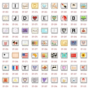 Selection of 63 Italian charm links in stainless steel with various enamel designs
