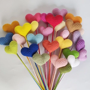 Handmade Crochet Knitted Heart Flower Bouquet Milk Cotton Yarn Artificial Floral Stems Home Decor Colorful Gift