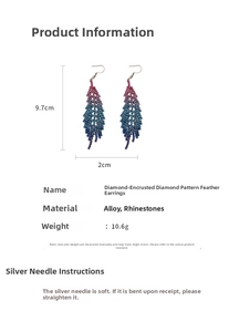 Detail of diamond-studded feather tassel earrings showing 9.7cm length and material info