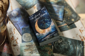 Close-up of retro starry sky themed material paper set with 100 sheets in deep blue