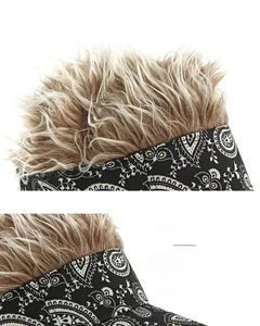 Macro detail of paisley print visor hat with light brown wig and adjustable brim
