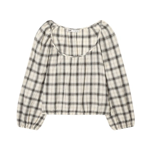 Top vintage da donna a quadri con scollo quadrato e maniche a sbuffo beige e nero