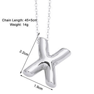 Detail of silver 'X' initial pendant with 45+5cm chain length and 14g weight specs