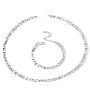 Minimalist silver stainless steel Figaro necklace and bracelet chain jewelry set for men