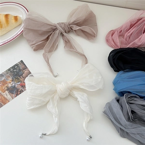 Women Elegant Lace Mesh Neck Scarf Diamond Shaped Bandana With Faux Artificial Pearl Pendants Korean Style Hair Wrap