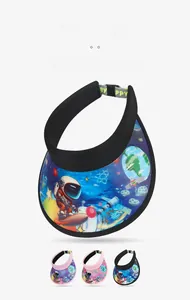 Detail of adjustable buckle and astronaut pattern on children's sun visor hat