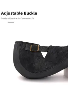 Detail of adjustable metal buckle on black newsboy hat for custom size fit